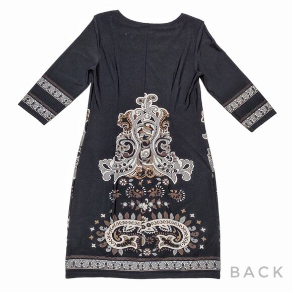 AB STUDIO Black Print Shift Dress Size 10 Stretch Knit Dress 3/4 Length Sleeves - Picture 4 of 10